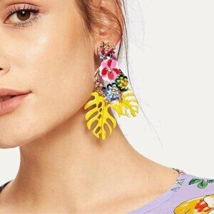 Zara Rio Tropical Monstera Orange Leaves Drop Earrings